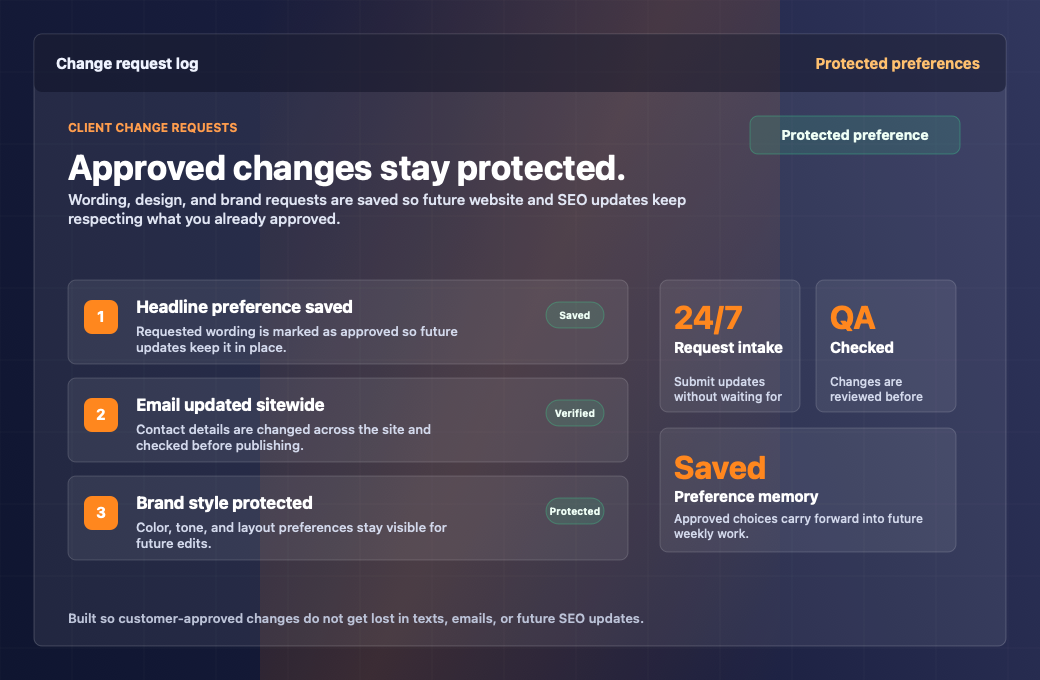 Screenshot of a client change request log showing protected preferences and completed website updates